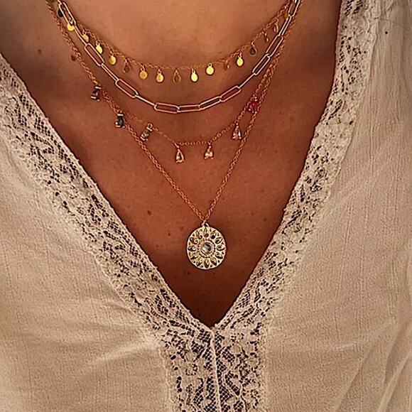 Gold Multilayer Boho Gemstone Drop Sun Paperclip Disk Necklace - Picture 1 of 6